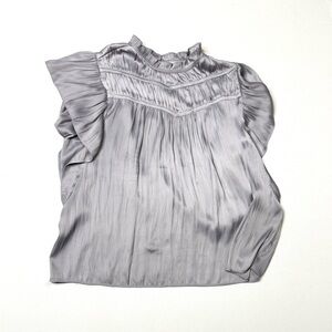 Joie Silver Silk Blend Ruffle Sleeve High Neck Blouse Size Medium